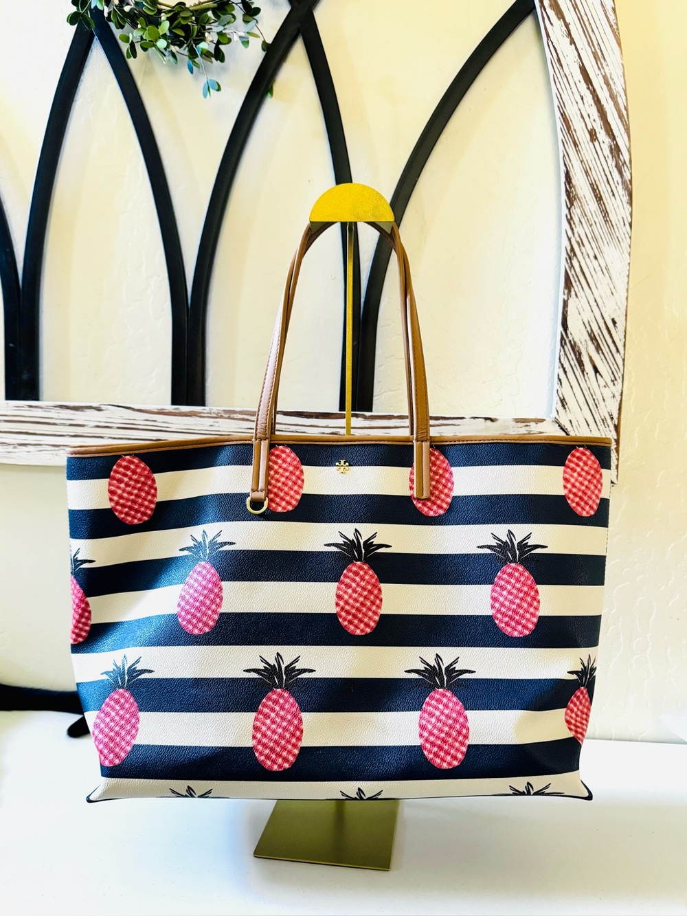 Tory Burch Kerrington Striped Pink Pineapple Tote 2015 - like new condition - Picture 9 of 15